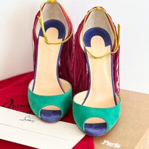 CHRISTIAN LOUBOUTIN Otrot 120 Pink Green Fringe Color-bloc Tassel Heel 39.5/ 9.5